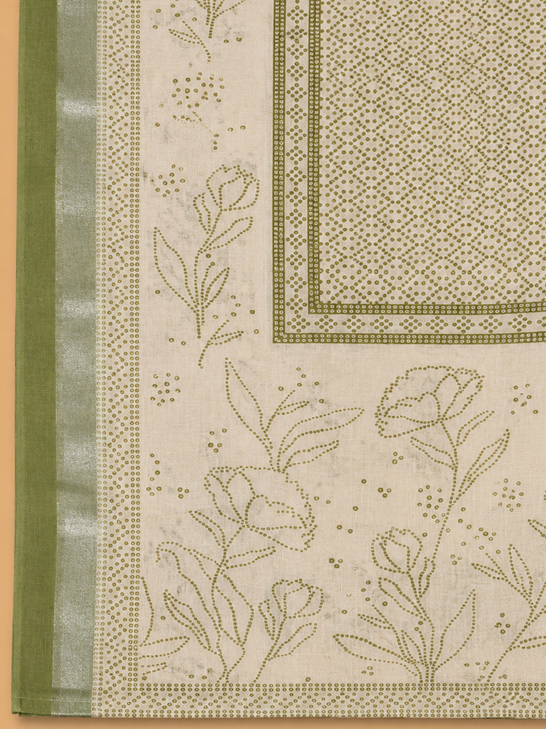 Green Printed Linen Blend Unstitched Suit &amp; Pant With Linen Dupatta