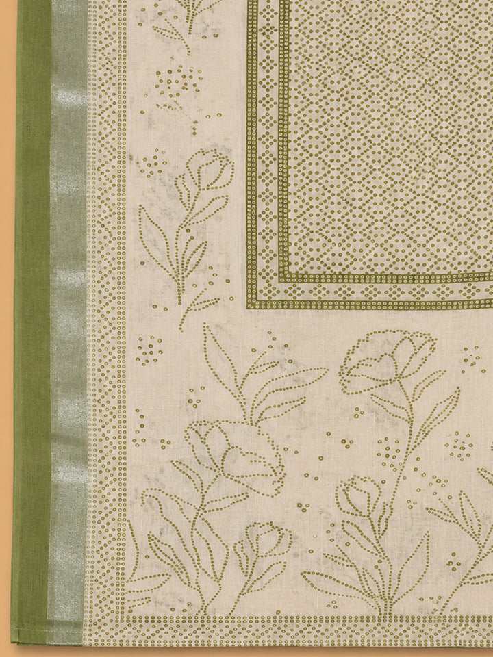 Green Printed Linen Blend Unstitched Suit &amp; Pant With Linen Dupatta