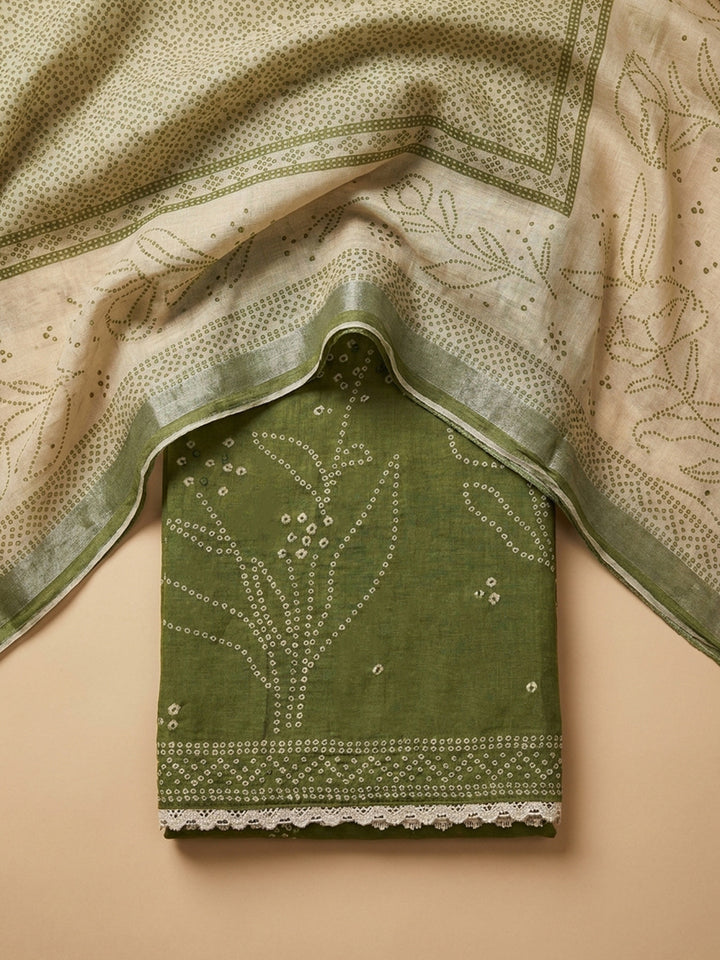 Green Printed Linen Blend Unstitched Suit &amp; Pant With Linen Dupatta