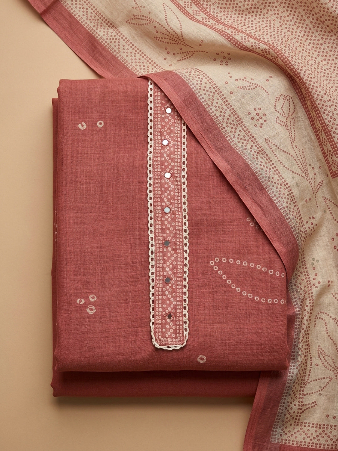 Peach Printed Linen Blend Unstitched Suit &amp; Pant With Linen Dupatta