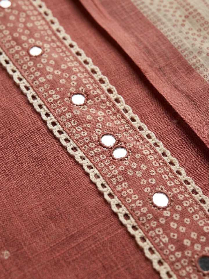 Peach Printed Linen Blend Unstitched Suit &amp; Pant With Linen Dupatta