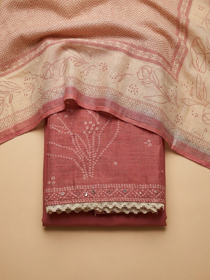 Peach Printed Linen Blend Unstitched Suit &amp; Pant With Linen Dupatta