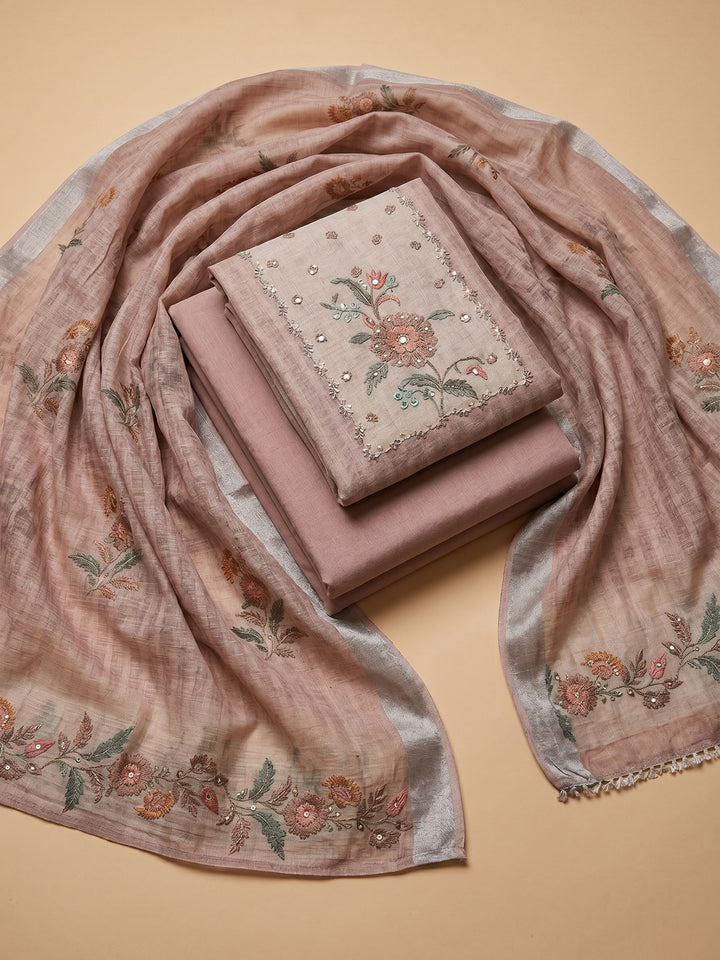 Dull Pink Printed Linen Blend Unstitched Suit &amp; Pant With Linen Dupatta
