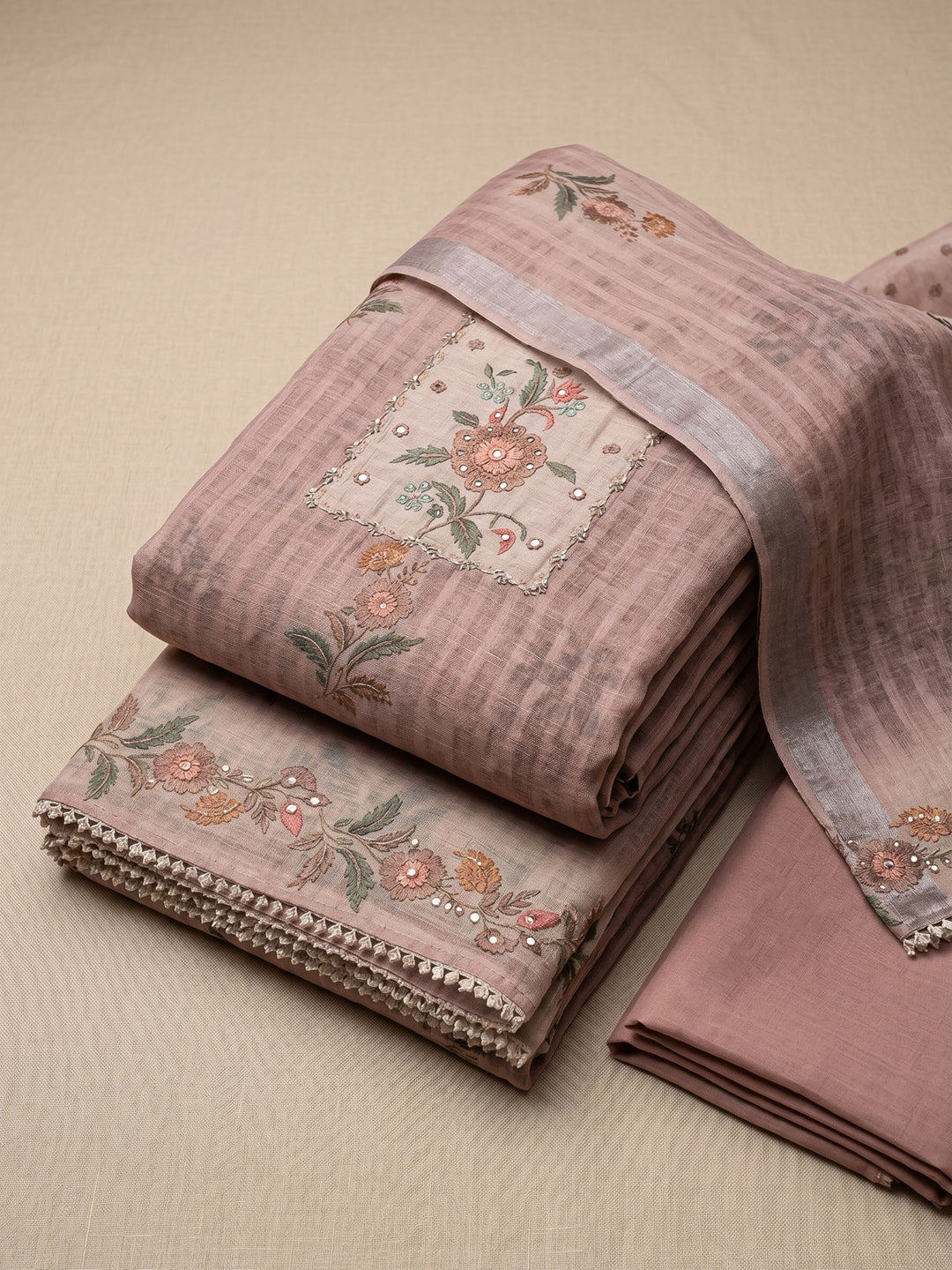 Dull Pink Printed Linen Blend Unstitched Suit &amp; Pant With Linen Dupatta