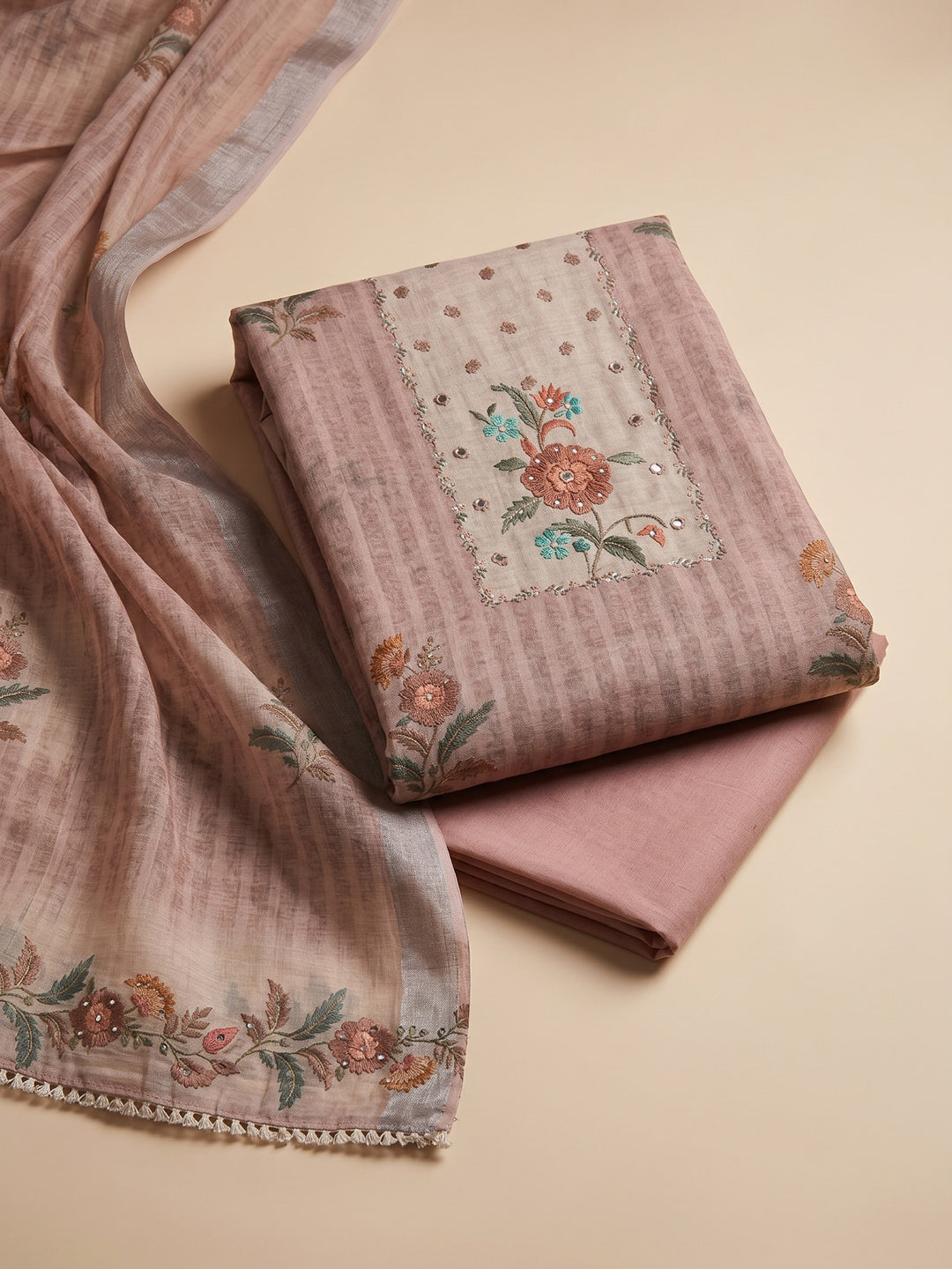 Dull Pink Printed Linen Blend Unstitched Suit &amp; Pant With Linen Dupatta