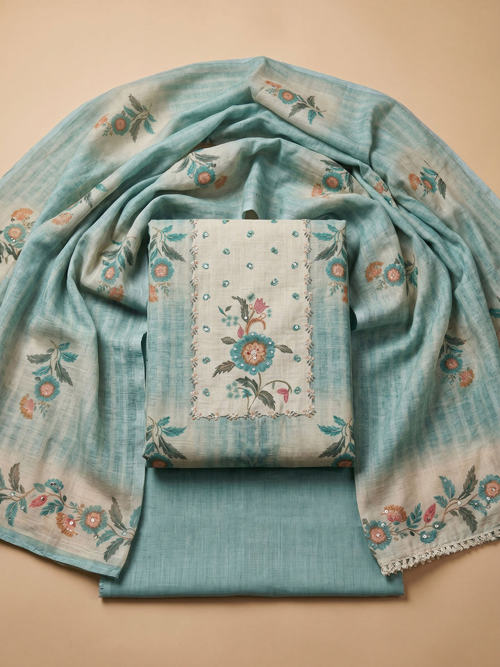 Firozee Printed Linen Blend Unstitched Suit &amp; Pant With Linen Dupatta