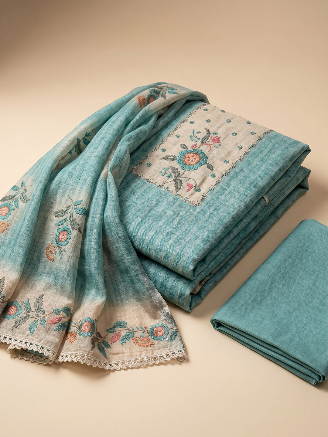 Firozee Printed Linen Blend Unstitched Suit &amp; Pant With Linen Dupatta