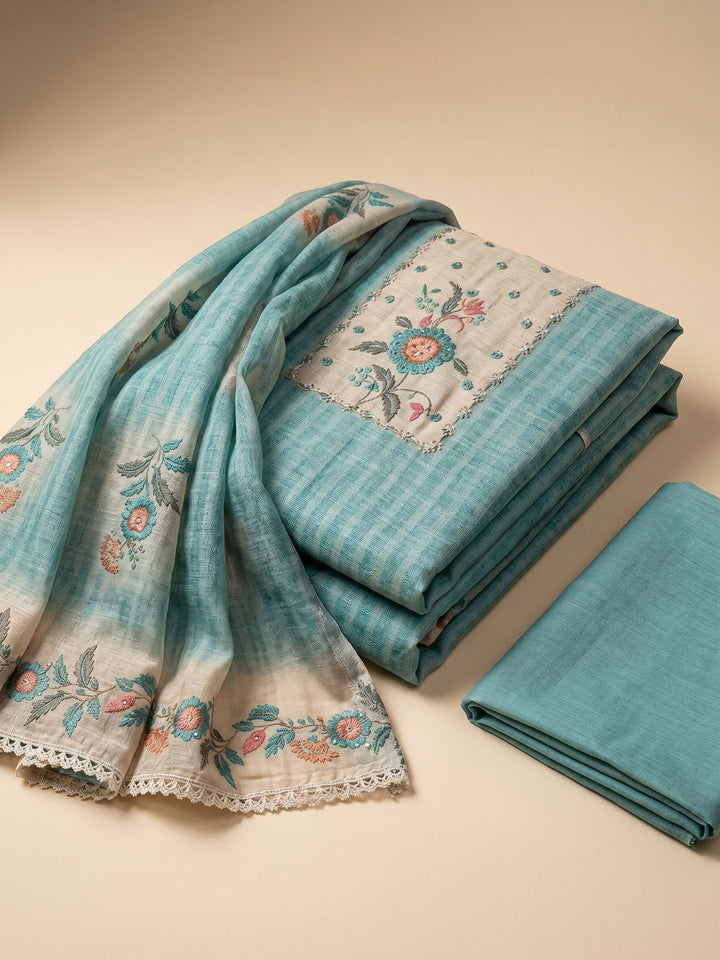 Firozee Printed Linen Blend Unstitched Suit &amp; Pant With Linen Dupatta