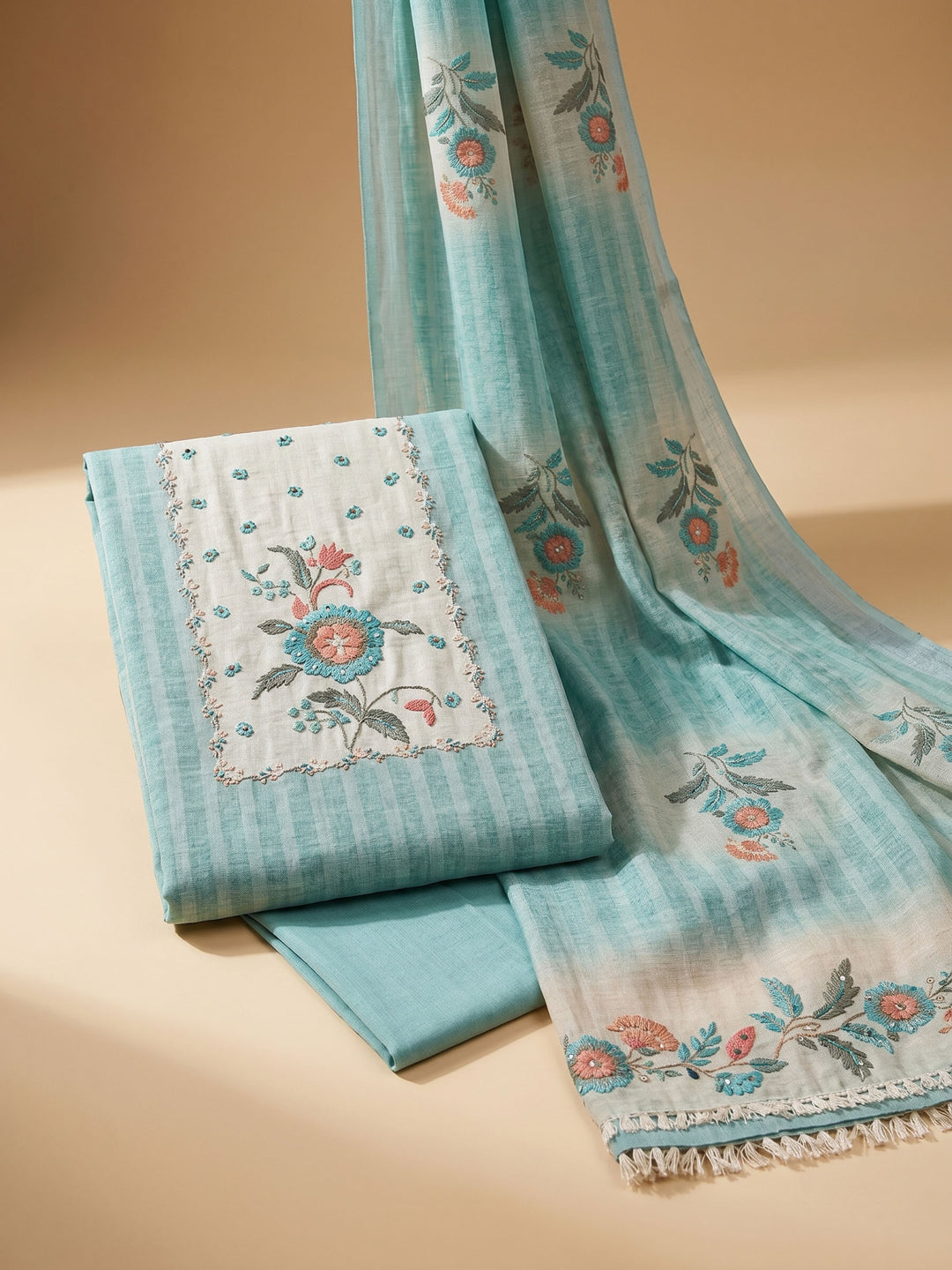 Firozee Printed Linen Blend Unstitched Suit &amp; Pant With Linen Dupatta