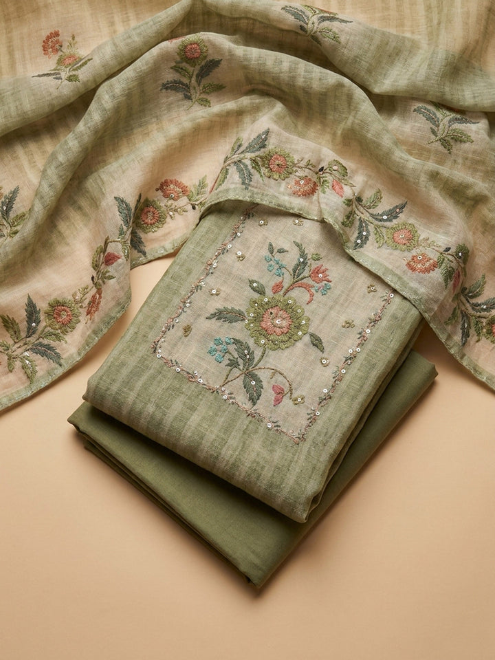Green Printed Linen Blend Unstitched Suit &amp; Pant With Linen Dupatta