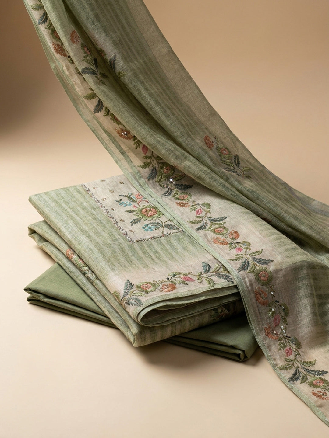Green Printed Linen Blend Unstitched Suit &amp; Pant With Linen Dupatta