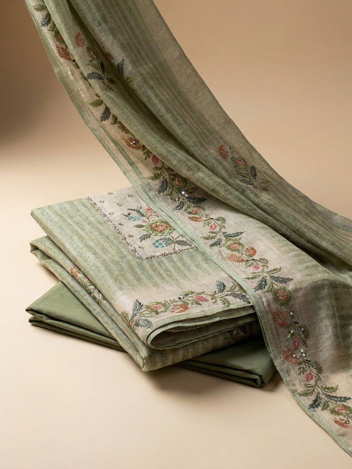Green Printed Linen Blend Unstitched Suit &amp; Pant With Linen Dupatta