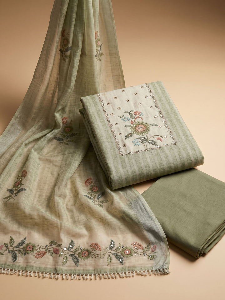 Green Printed Linen Blend Unstitched Suit &amp; Pant With Linen Dupatta