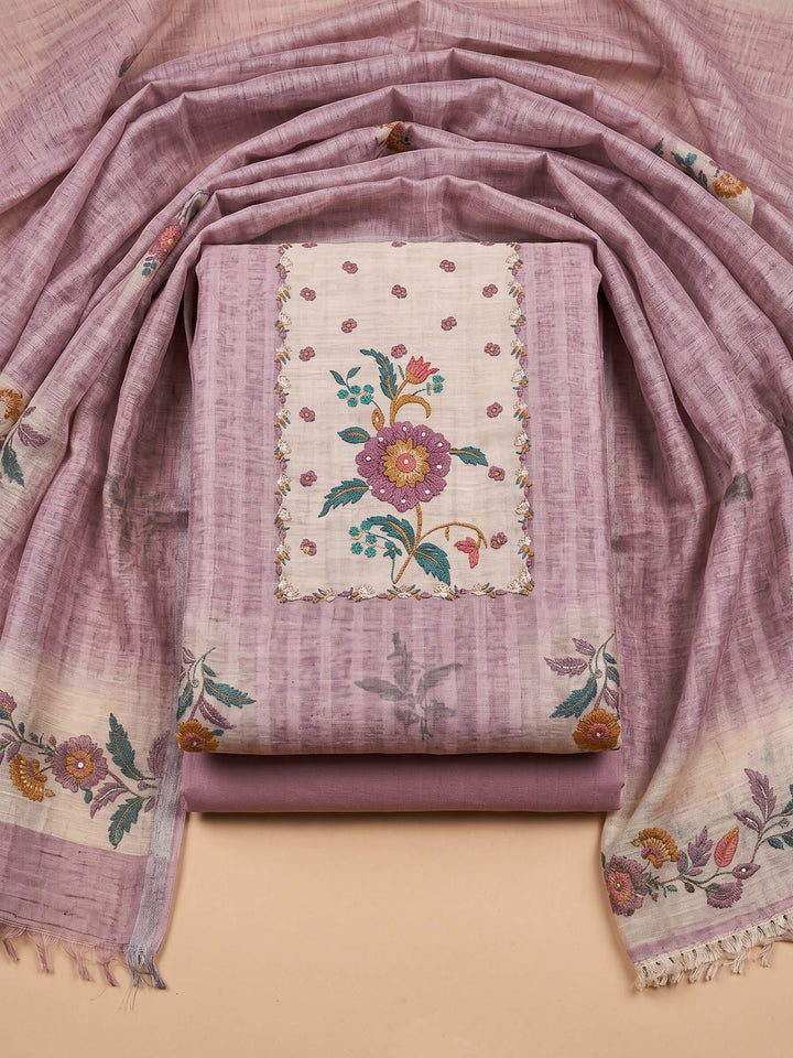 Lavender Printed Linen Blend Unstitched Suit &amp; Pant With Linen Dupatta