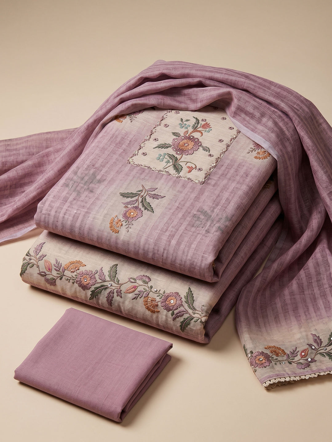 Lavender Printed Linen Blend Unstitched Suit &amp; Pant With Linen Dupatta