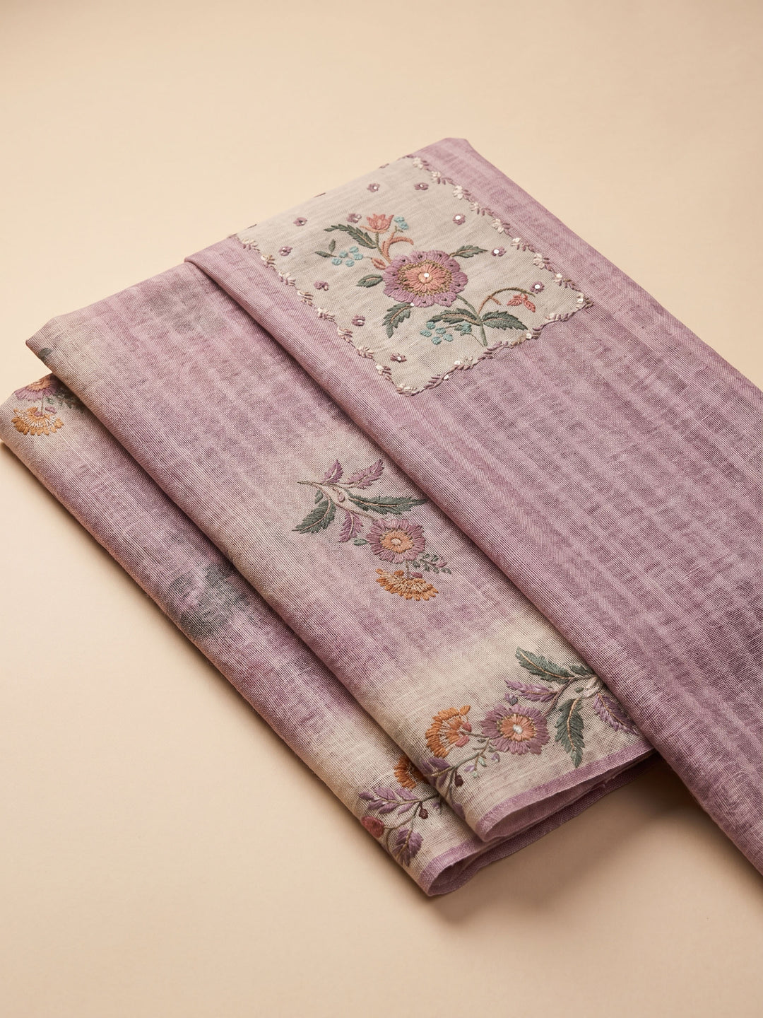 Lavender Printed Linen Blend Unstitched Suit &amp; Pant With Linen Dupatta