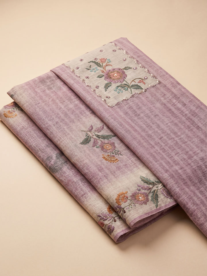 Lavender Printed Linen Blend Unstitched Suit &amp; Pant With Linen Dupatta