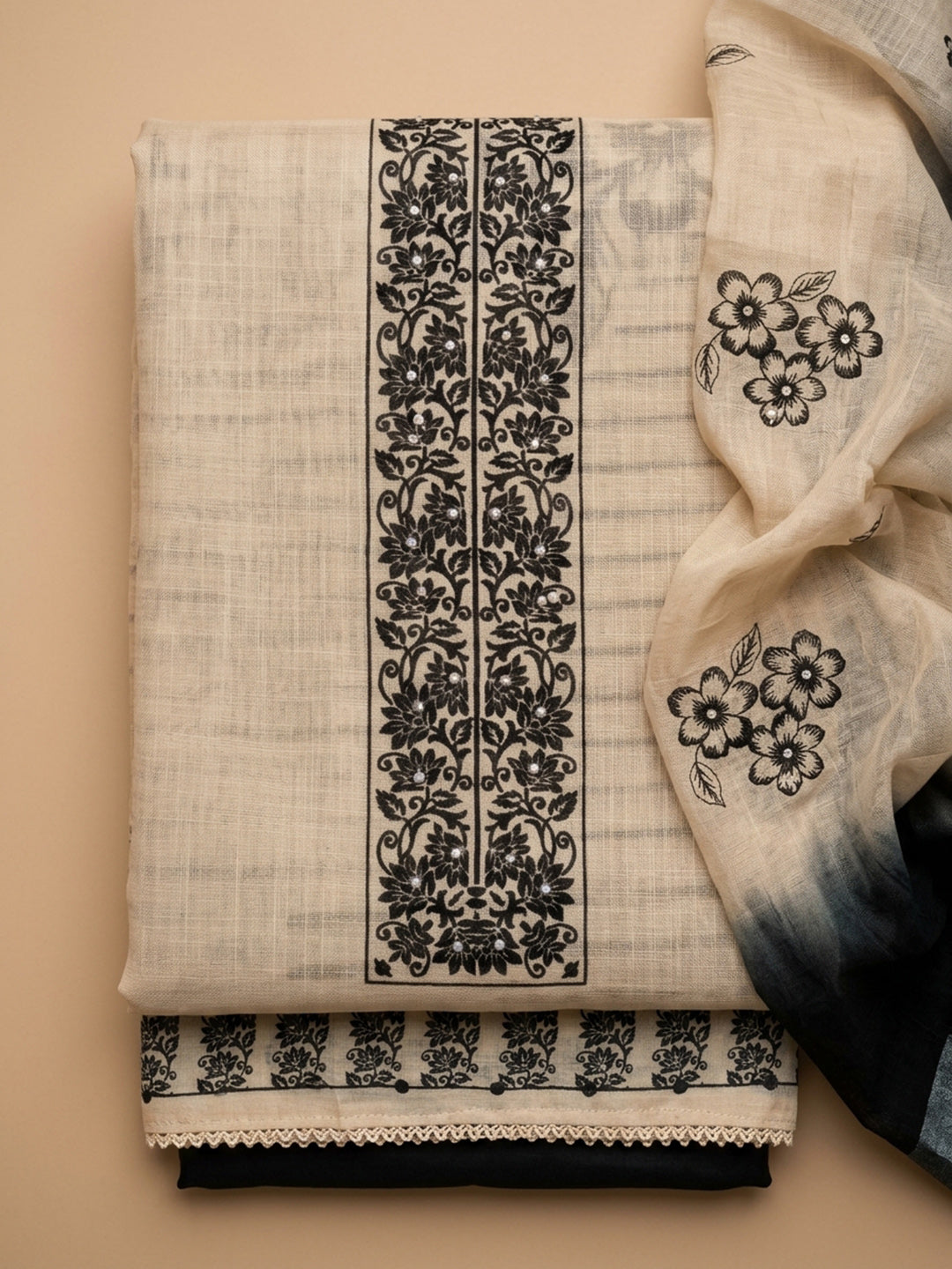 Black Embroidered Linen Blend Unstitched Suit &amp; Pant With Linen Dupatta