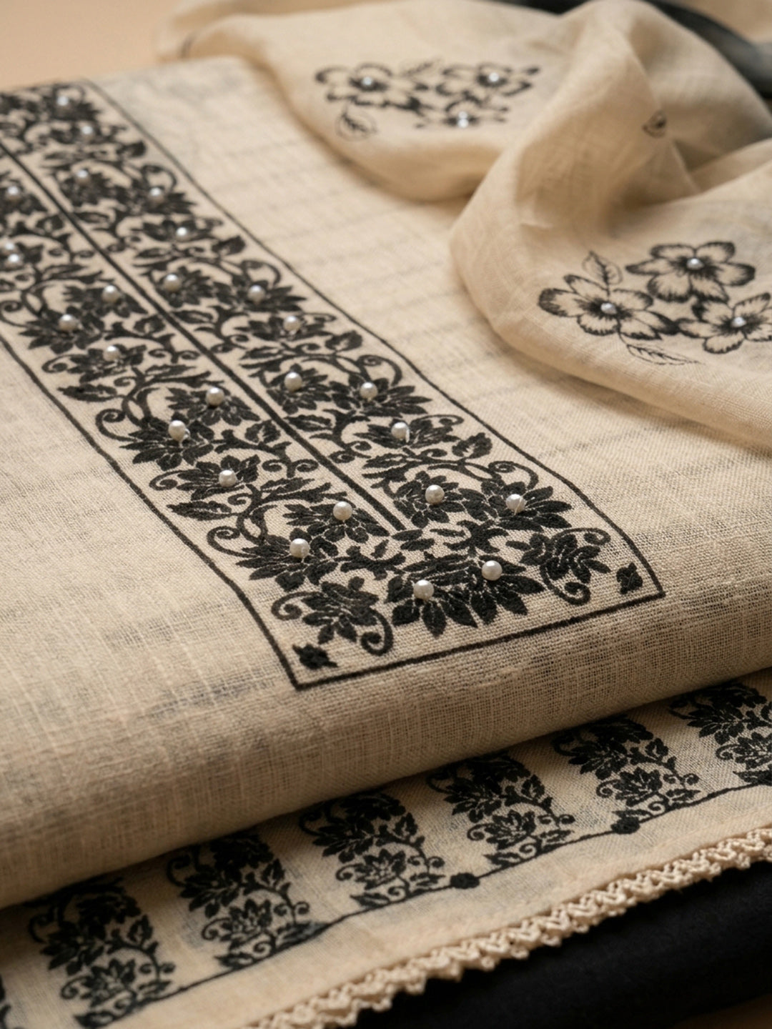 Black Embroidered Linen Blend Unstitched Suit &amp; Pant With Linen Dupatta