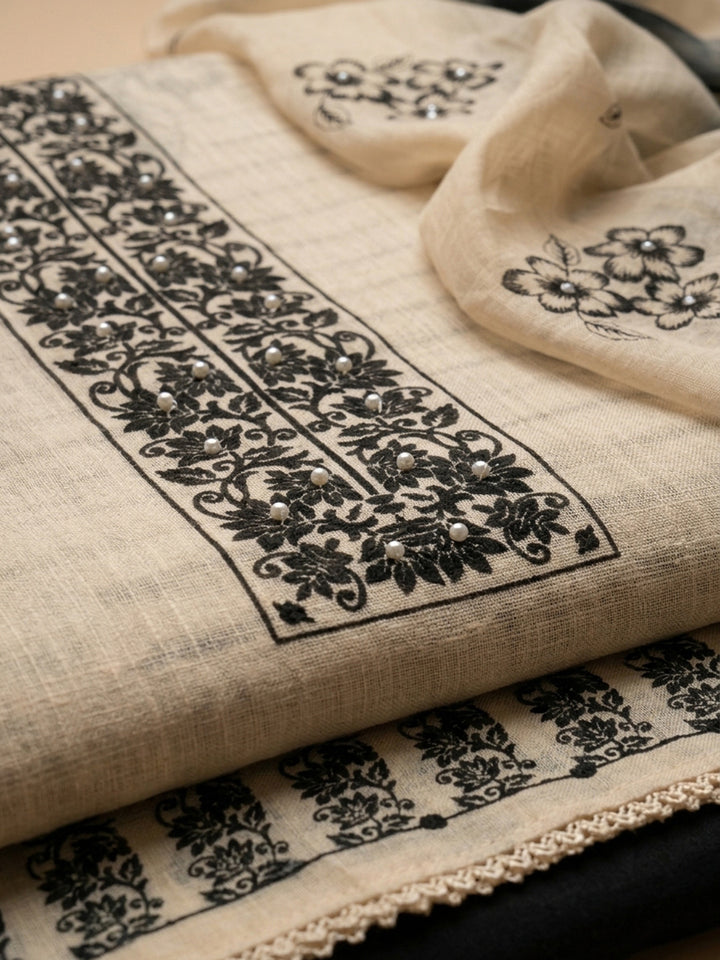 Black Embroidered Linen Blend Unstitched Suit &amp; Pant With Linen Dupatta
