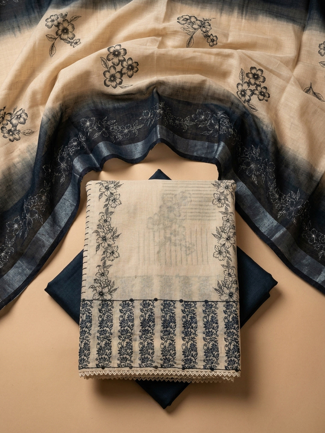 Black Embroidered Linen Blend Unstitched Suit &amp; Pant With Linen Dupatta