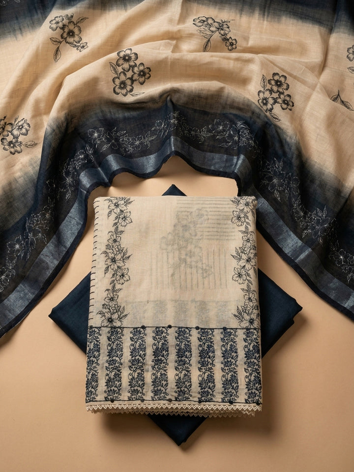 Black Embroidered Linen Blend Unstitched Suit &amp; Pant With Linen Dupatta