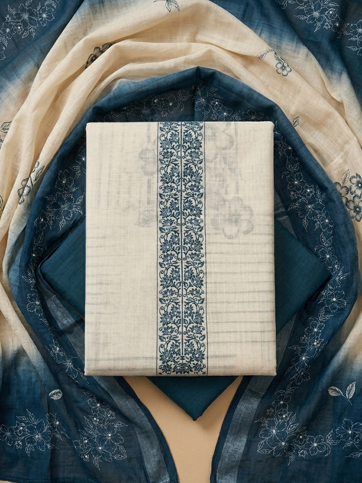 Blue Embroidered Linen Blend Unstitched Suit &amp; Pant With Linen Dupatta