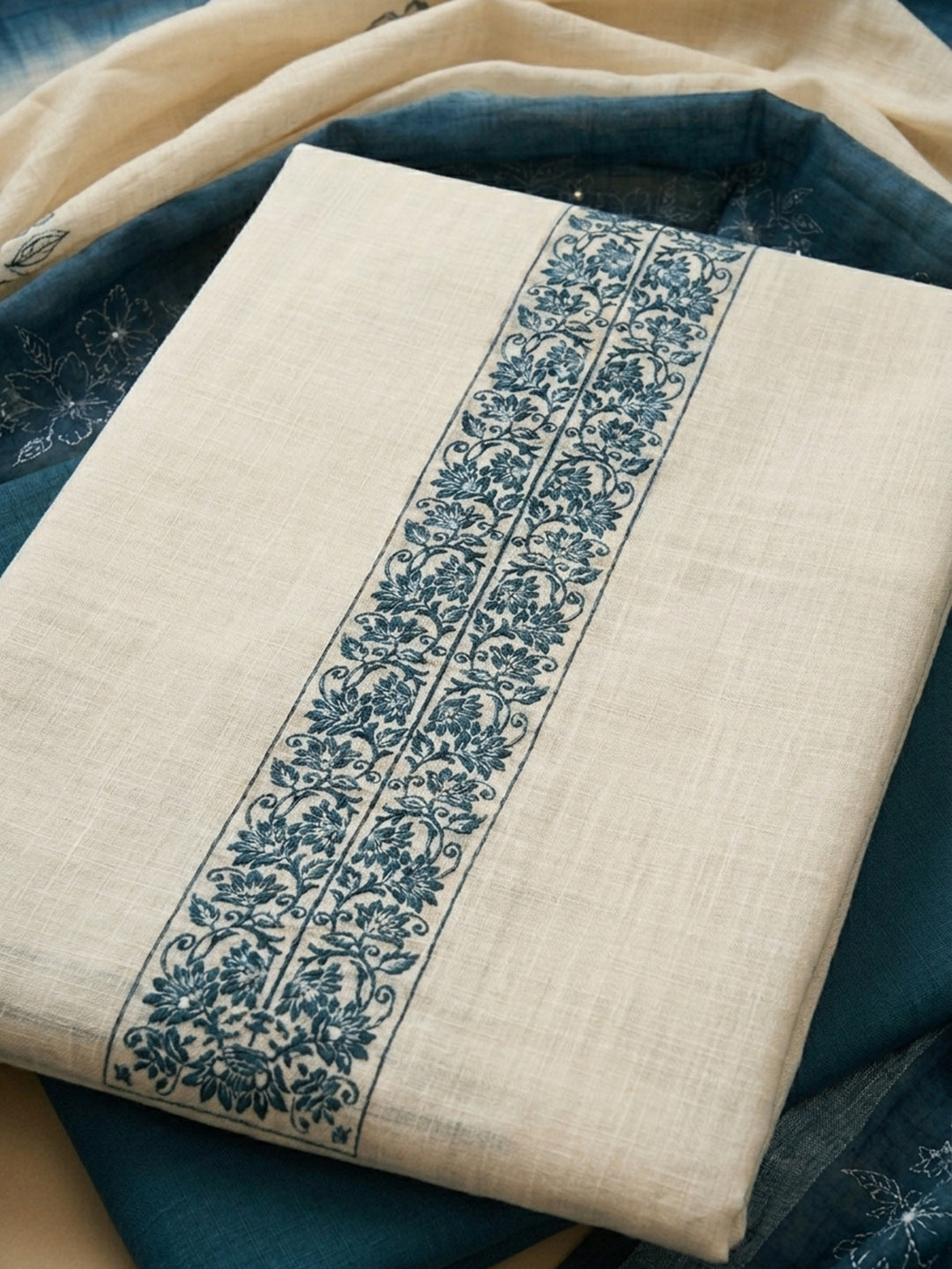 Blue Embroidered Linen Blend Unstitched Suit &amp; Pant With Linen Dupatta