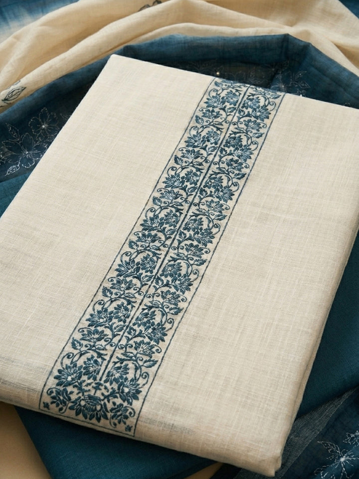 Blue Embroidered Linen Blend Unstitched Suit &amp; Pant With Linen Dupatta