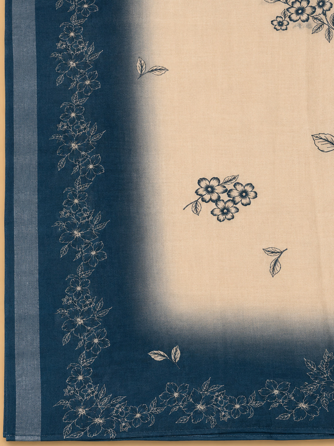 Blue Embroidered Linen Blend Unstitched Suit &amp; Pant With Linen Dupatta