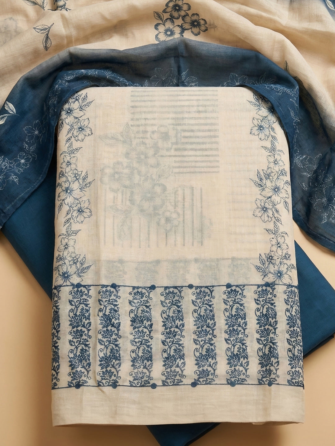 Blue Embroidered Linen Blend Unstitched Suit &amp; Pant With Linen Dupatta