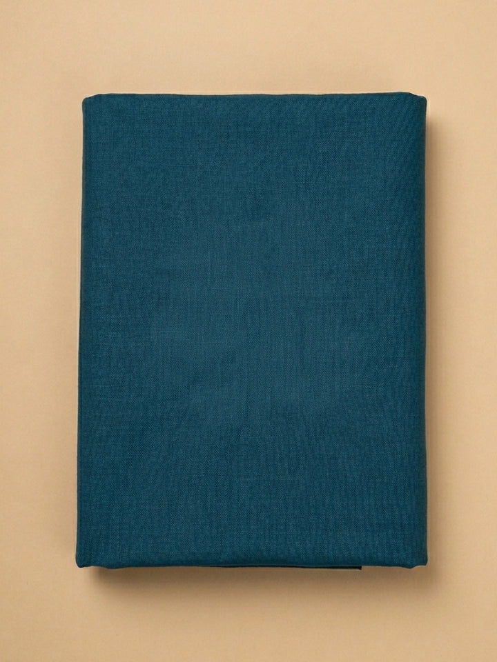 Blue Embroidered Linen Blend Unstitched Suit &amp; Pant With Linen Dupatta
