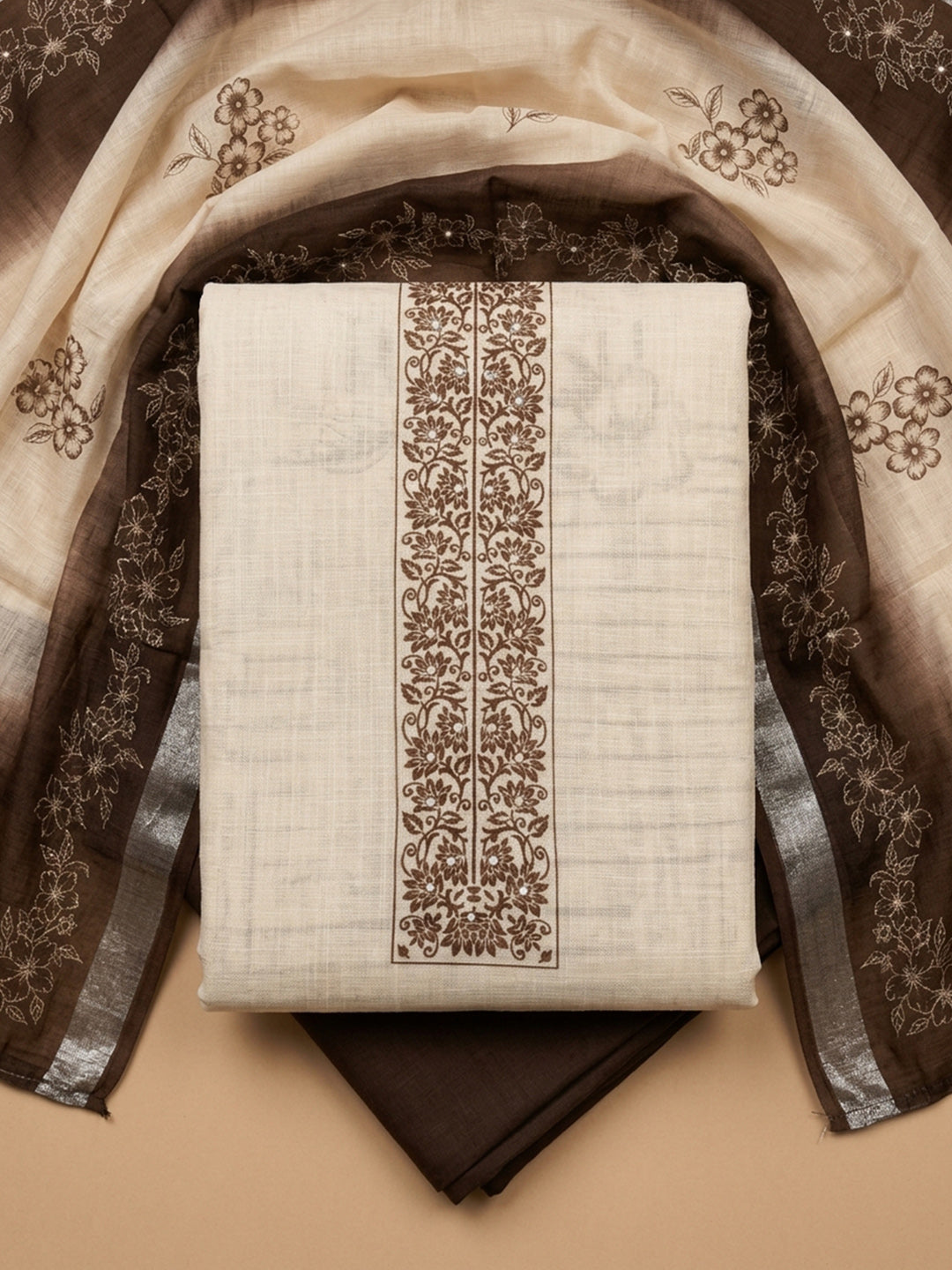 Brown Embroidered Linen Blend Unstitched Suit &amp; Pant With Linen Dupatta
