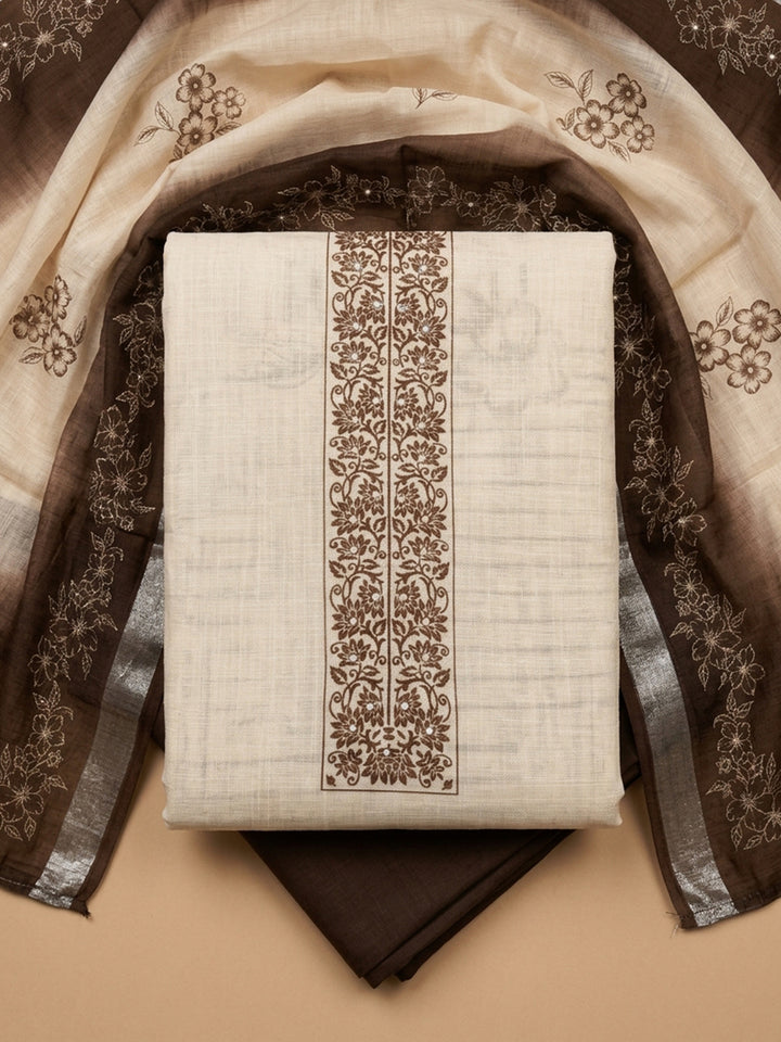 Brown Embroidered Linen Blend Unstitched Suit &amp; Pant With Linen Dupatta