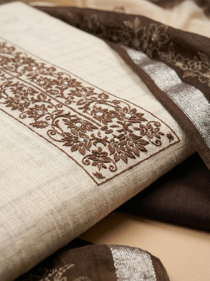 Brown Embroidered Linen Blend Unstitched Suit &amp; Pant With Linen Dupatta