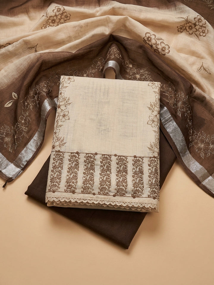 Brown Embroidered Linen Blend Unstitched Suit &amp; Pant With Linen Dupatta
