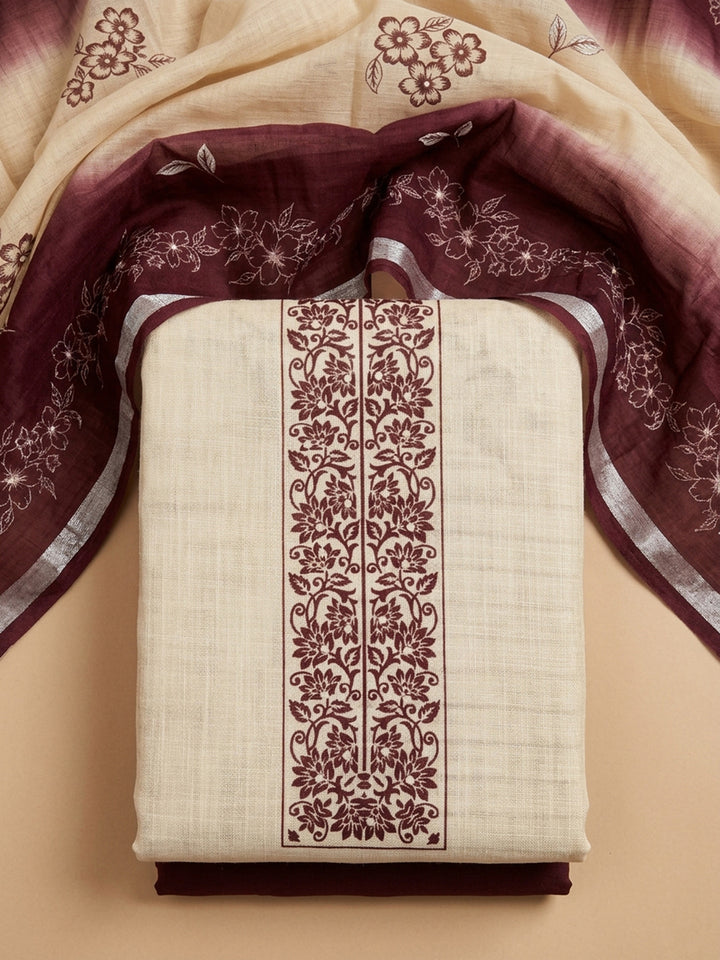 Maroon Embroidered Linen Blend Unstitched Suit &amp; Pant With Linen Dupatta
