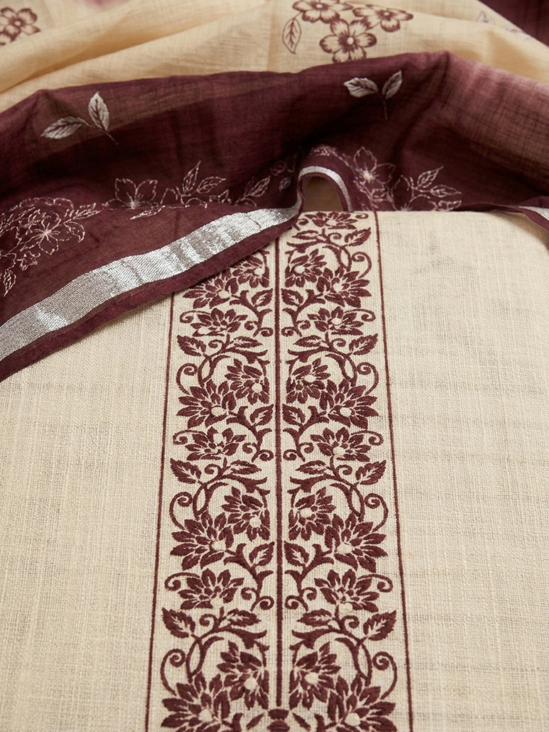 Maroon Embroidered Linen Blend Unstitched Suit &amp; Pant With Linen Dupatta