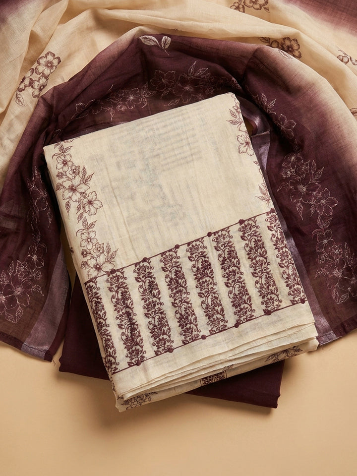 Maroon Embroidered Linen Blend Unstitched Suit &amp; Pant With Linen Dupatta