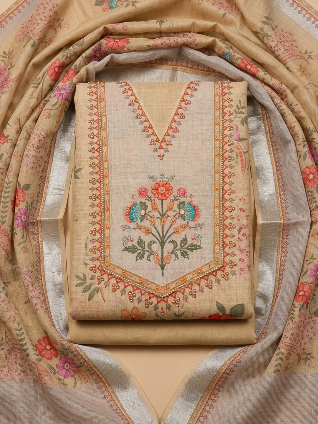 Beige Embroidery Linen Blend Unstitched Dress Material