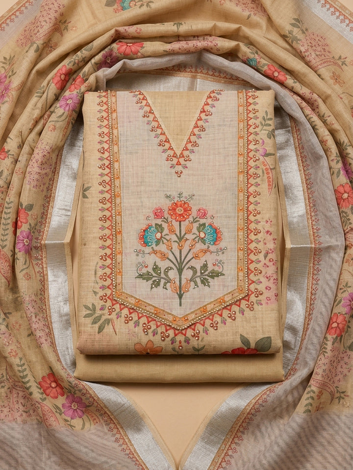 Beige Embroidery Linen Blend Unstitched Dress Material