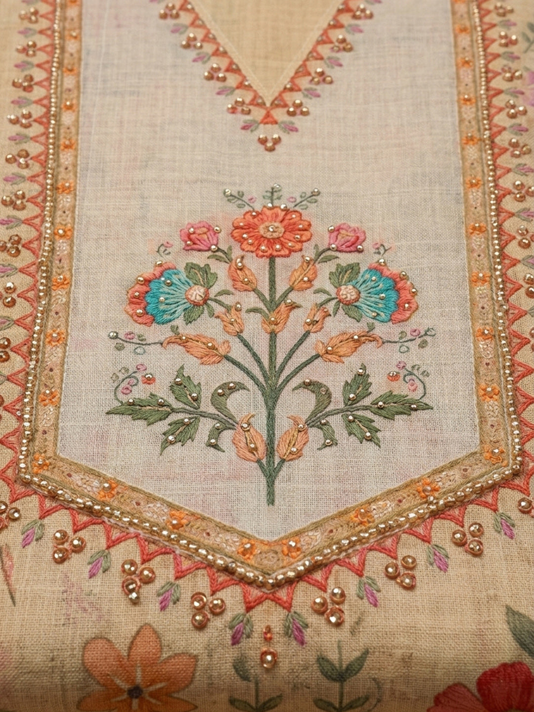 Beige Embroidery Linen Blend Unstitched Dress Material
