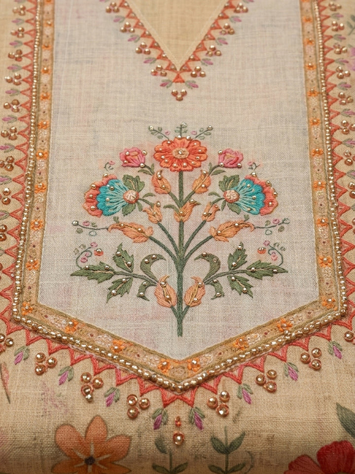 Beige Embroidery Linen Blend Unstitched Dress Material