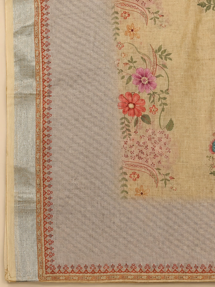 Beige Embroidery Linen Blend Unstitched Dress Material