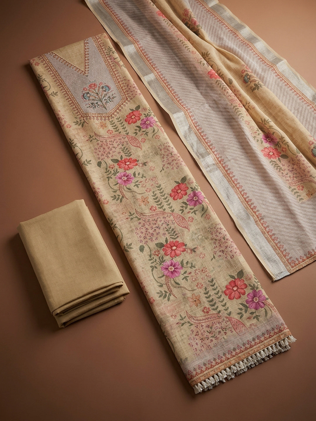 Beige Embroidery Linen Blend Unstitched Dress Material