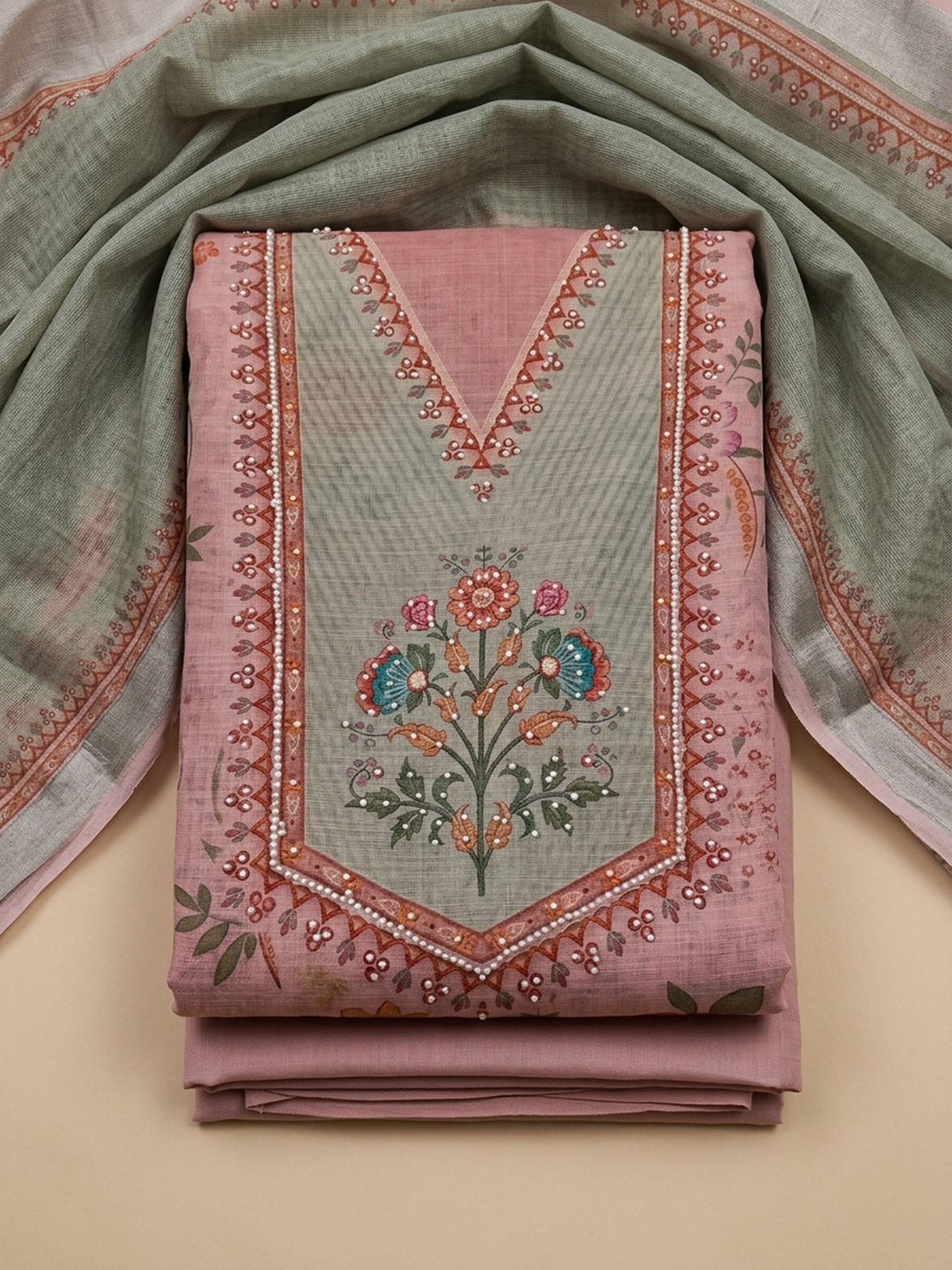 Peach Embroidery Linen Blend Unstitched Dress Material