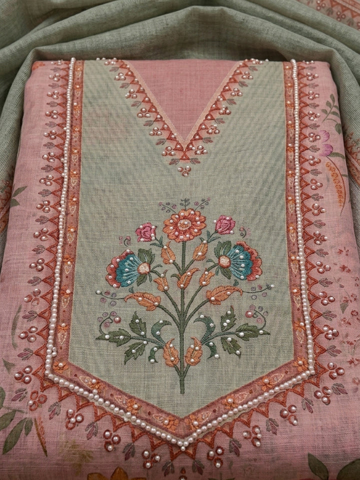 Peach Embroidery Linen Blend Unstitched Dress Material