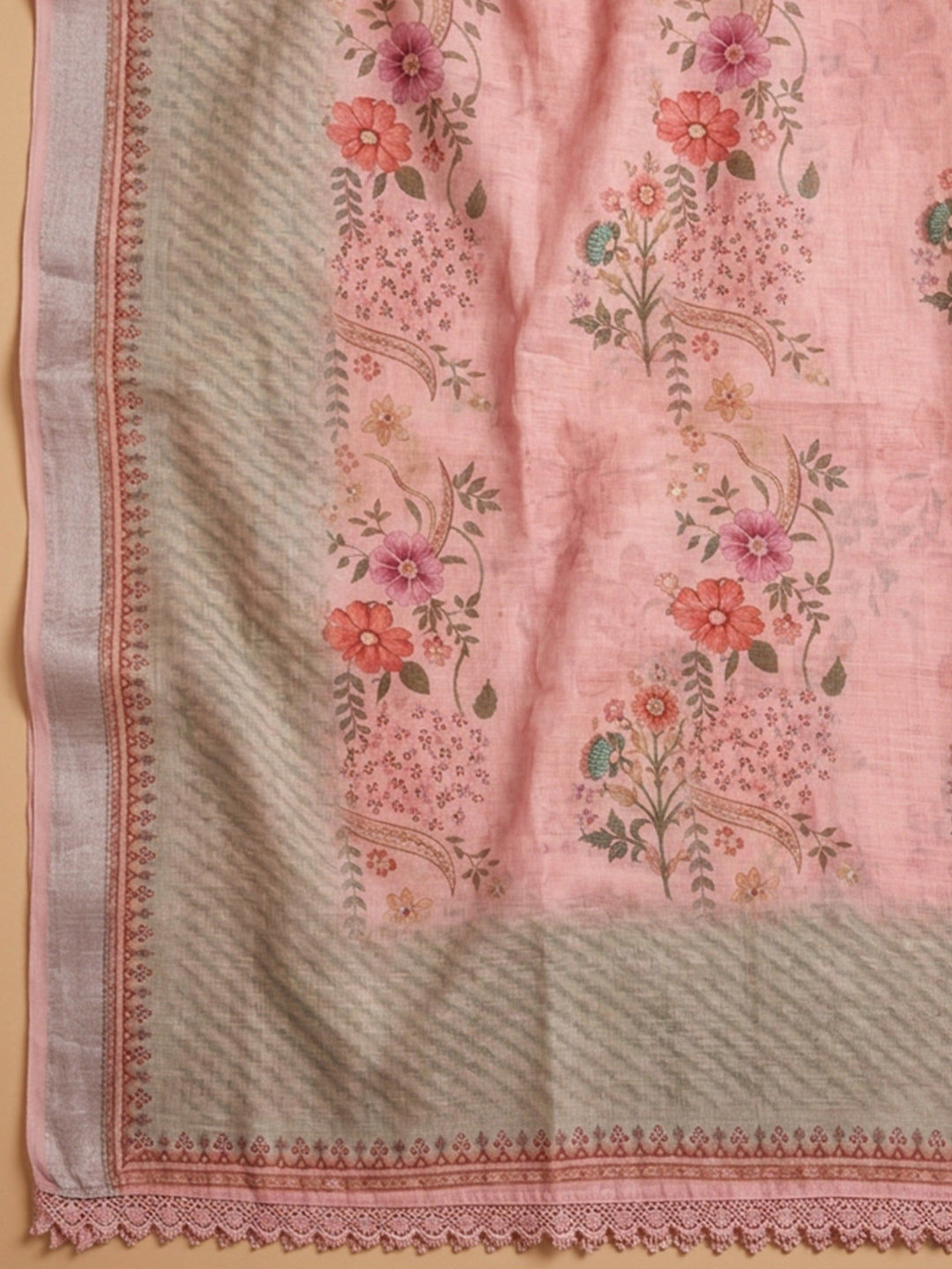 Peach Embroidery Linen Blend Unstitched Dress Material