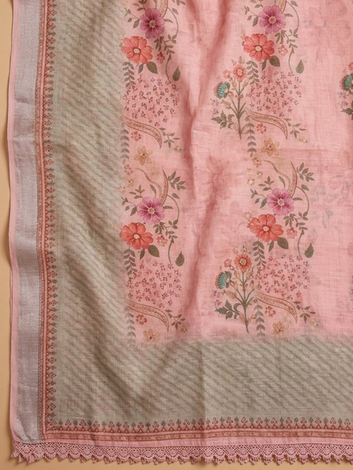 Peach Embroidery Linen Blend Unstitched Dress Material