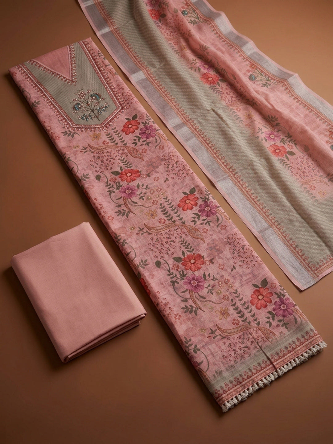 Peach Embroidery Linen Blend Unstitched Dress Material